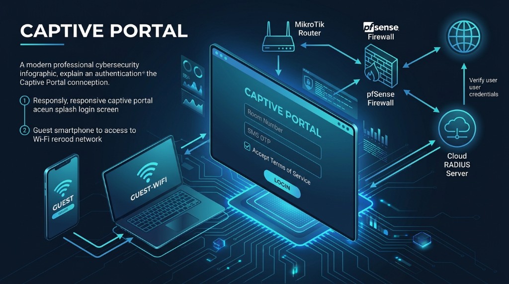 Captive Portal nasıl çalışır ağ mimarisi ve kimlik doğrulama şeması