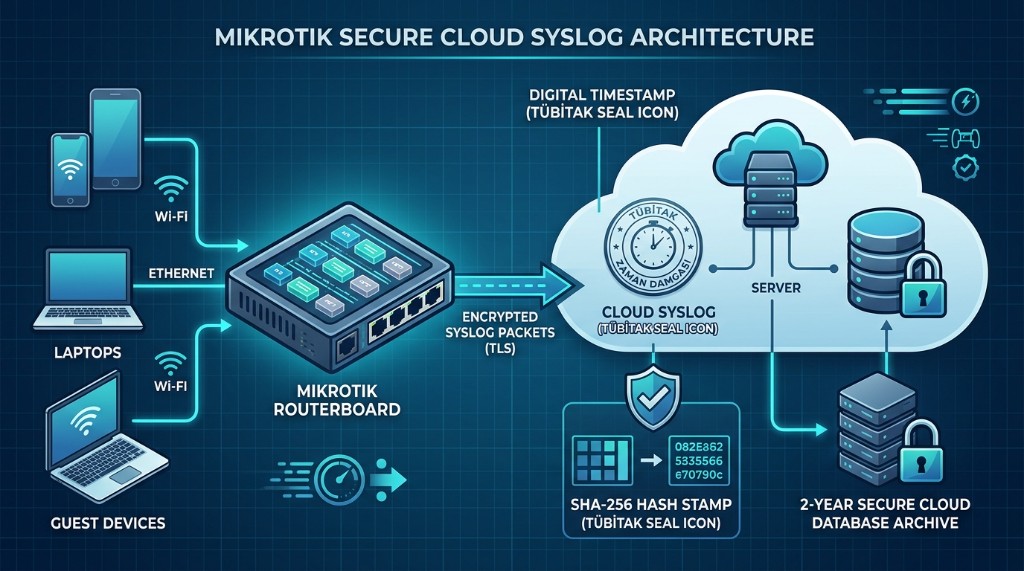 MikroTik 5651 yasal loglama ve bulut syslog mimari şeması